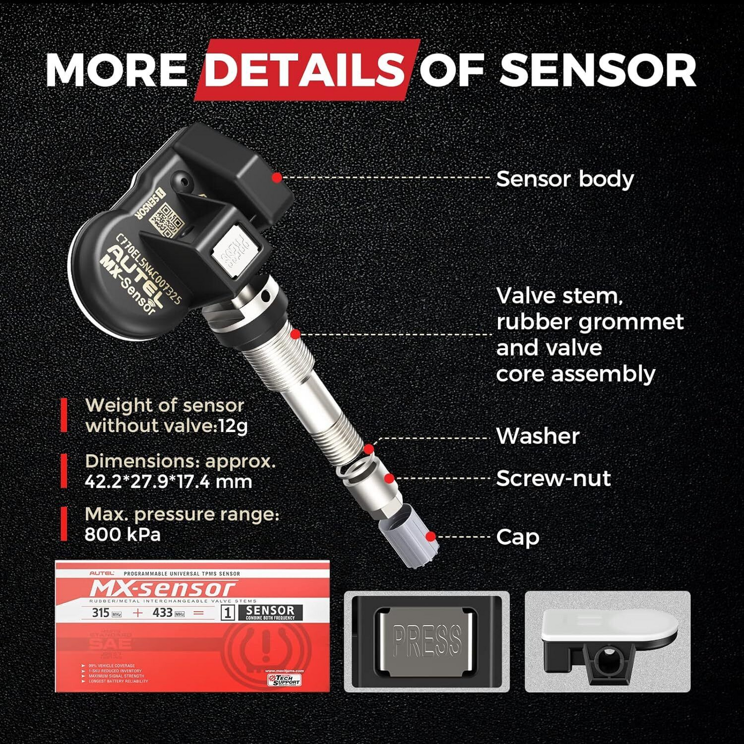 Autel MX-Sensor 315MHz & 433MHz Programmable TPMS Universal Tire Pressure Sensor