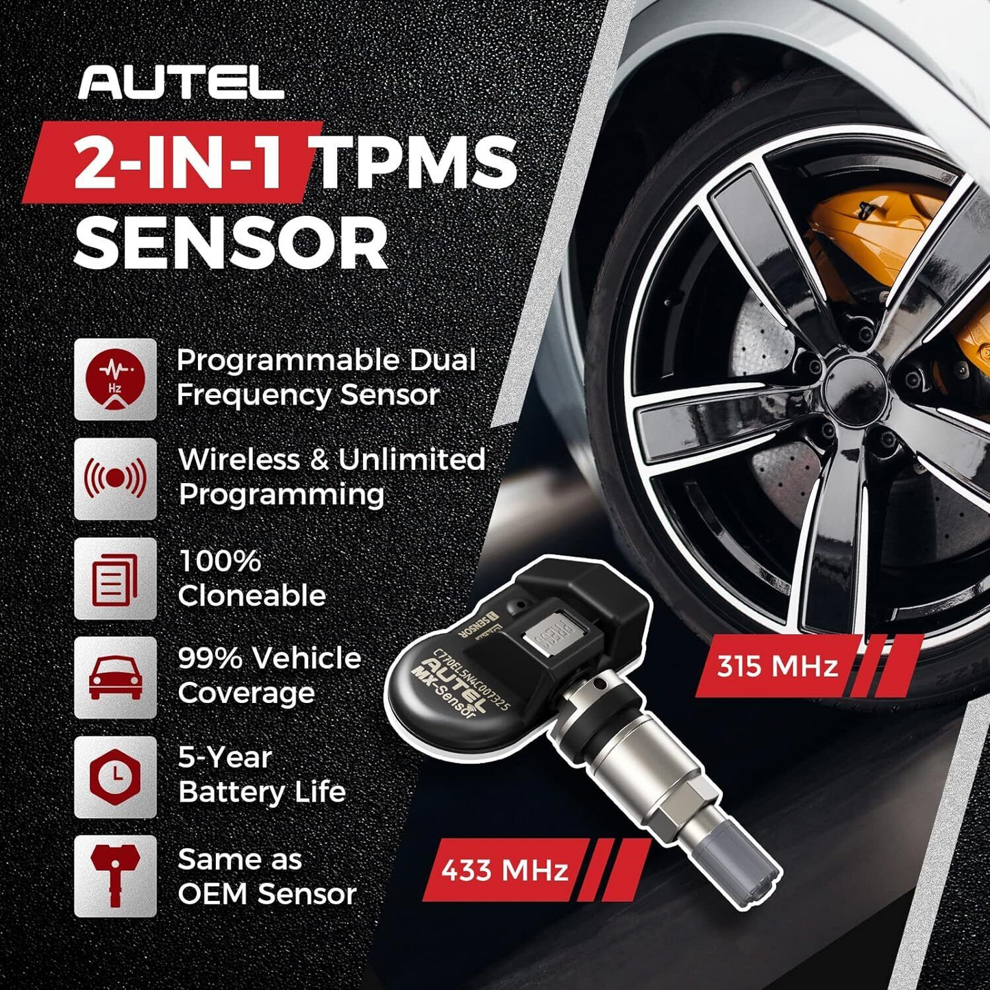 Autel MX-Sensor 315MHz & 433MHz Programmable TPMS Universal Tire Pressure Sensor